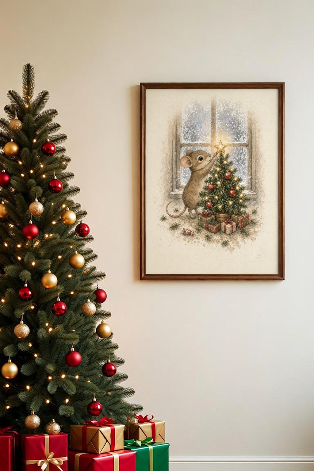 The Star Goes on Last: a mouse reaching to place a glowing star on a small decorated Christmas tree, framed print in a cozy room