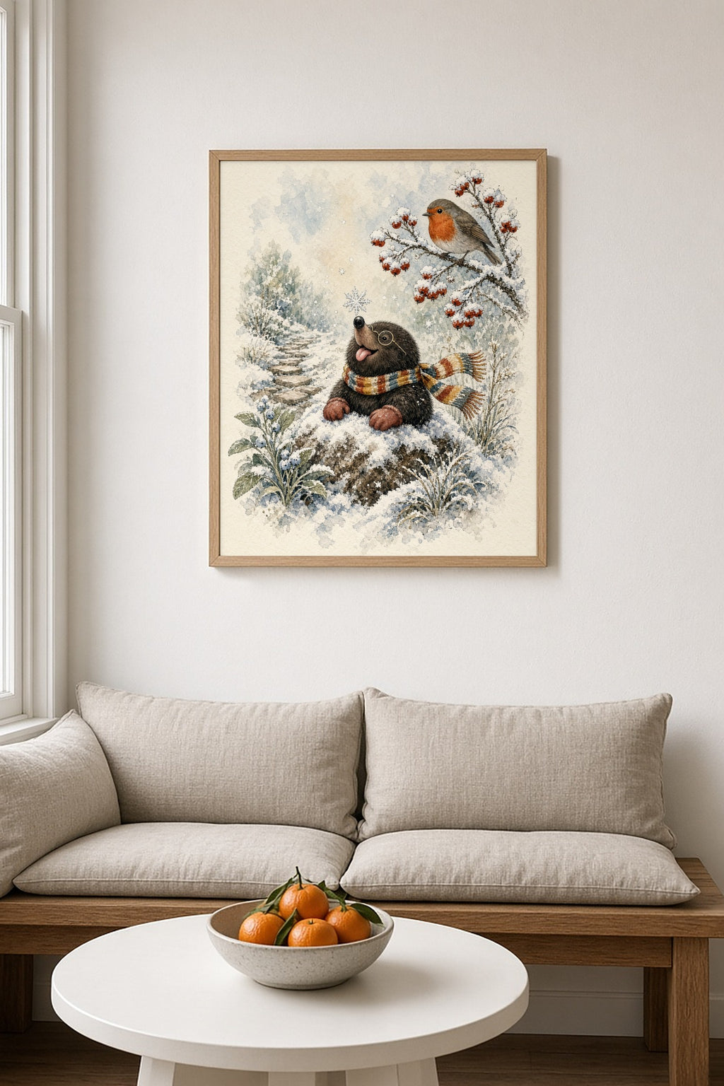The Very First Flake: a mole in a striped scarf catching the first snowflake on its tongue while a robin watches from a berry branch, framed print in a sunny breakfast nook